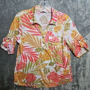 Emily Daniels Women's Sz Med Tropical Blouse pink green cotton blend